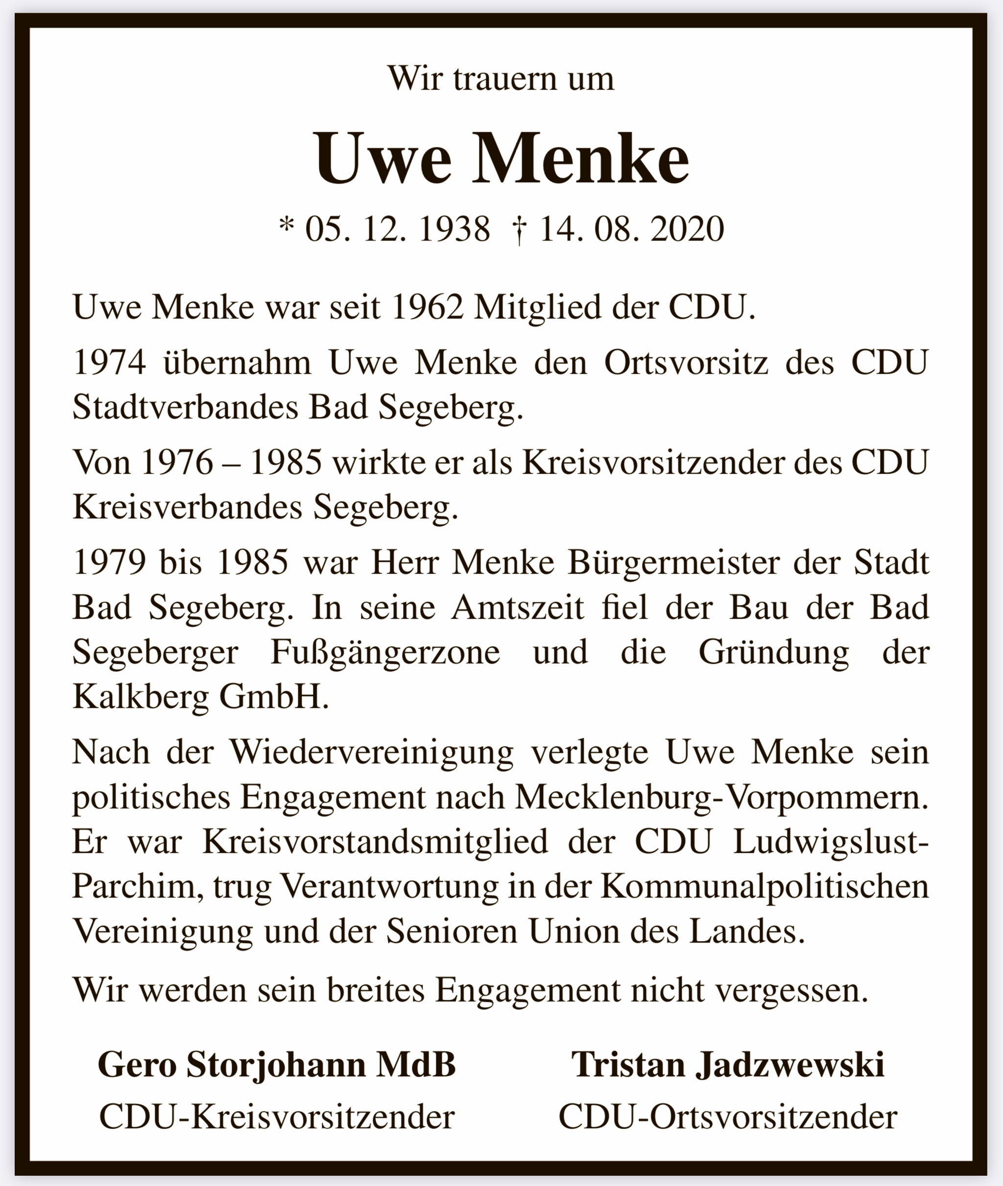 CDU trauert um Uwe Menke - Bild